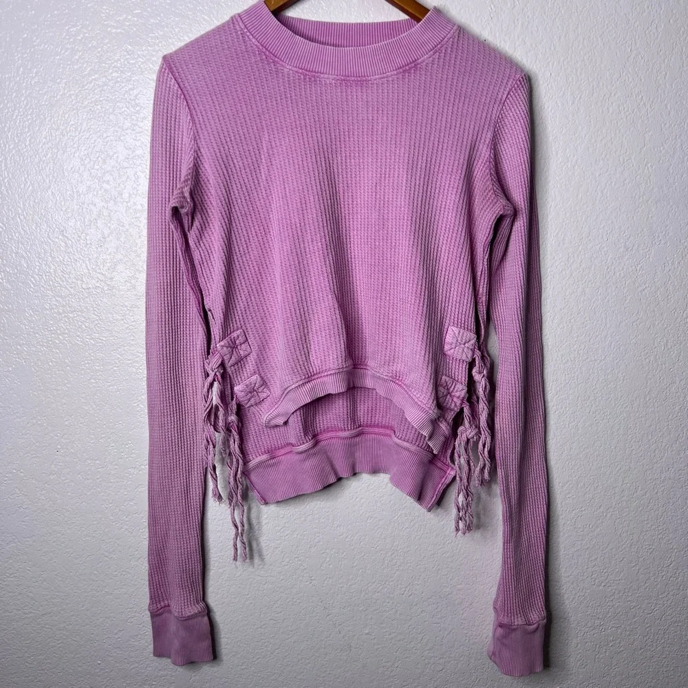 Free People FP One Interlaken Crop Long Sleeve Waffle Knit Top Pink‎ Small